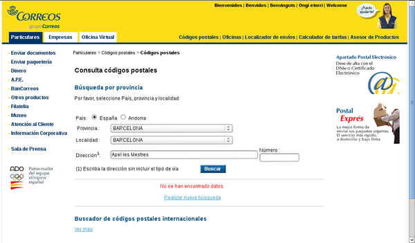 La BD de codis postals no troba Apel·les La BD de codis postals no troba Apel·les