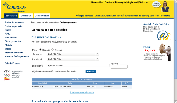 La BD de codis postals si que troba el carrer Apel.les Mestres